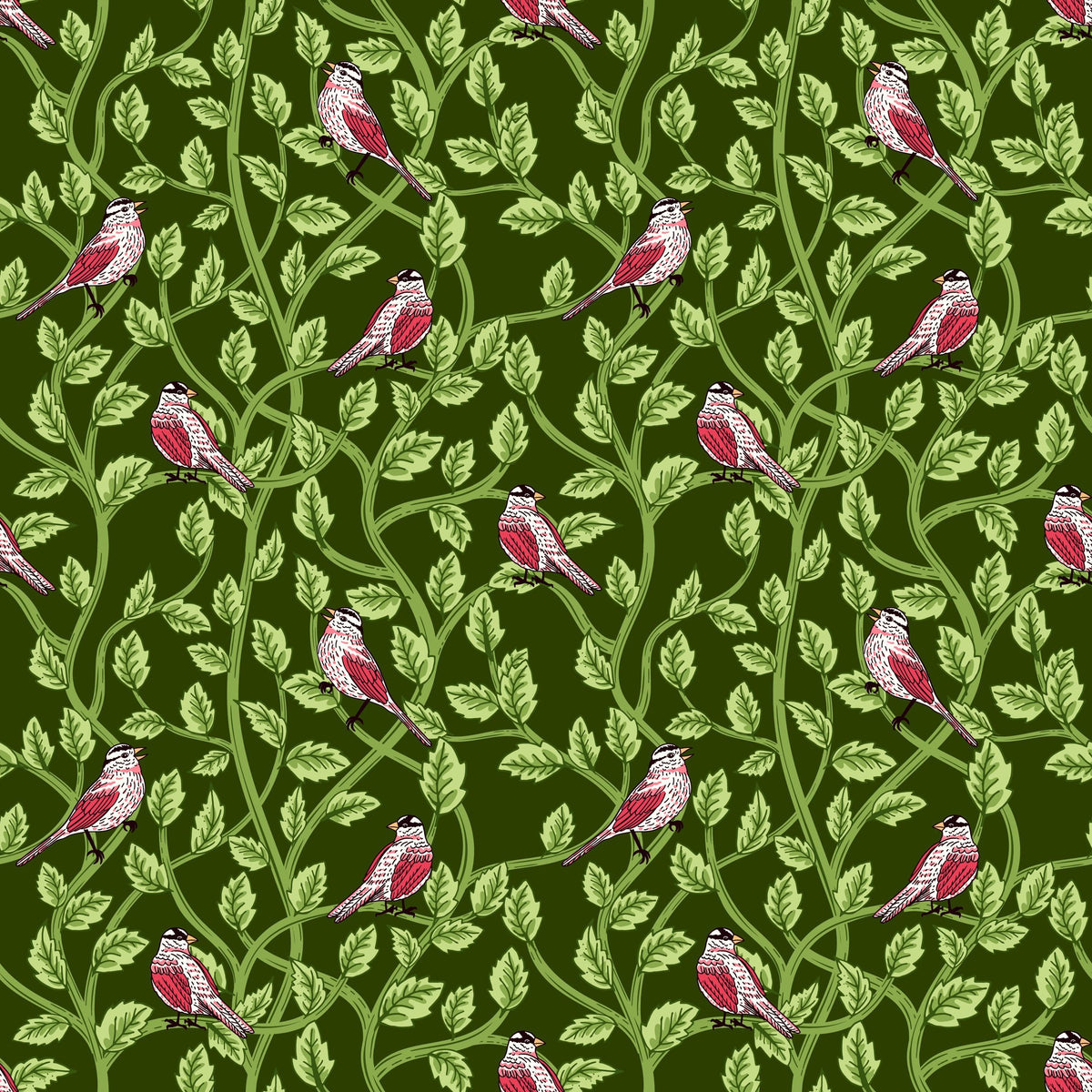Image of Tangled Gardens Birds Hunter quilting cotton fabric by Diane Labombarbe for Riley Blake Designs. Features birds and leaves on a green background. Cute Little Fabric Shop.