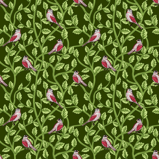 Image of Tangled Gardens Birds Hunter quilting cotton fabric by Diane Labombarbe for Riley Blake Designs. Features birds and leaves on a green background. Cute Little Fabric Shop.