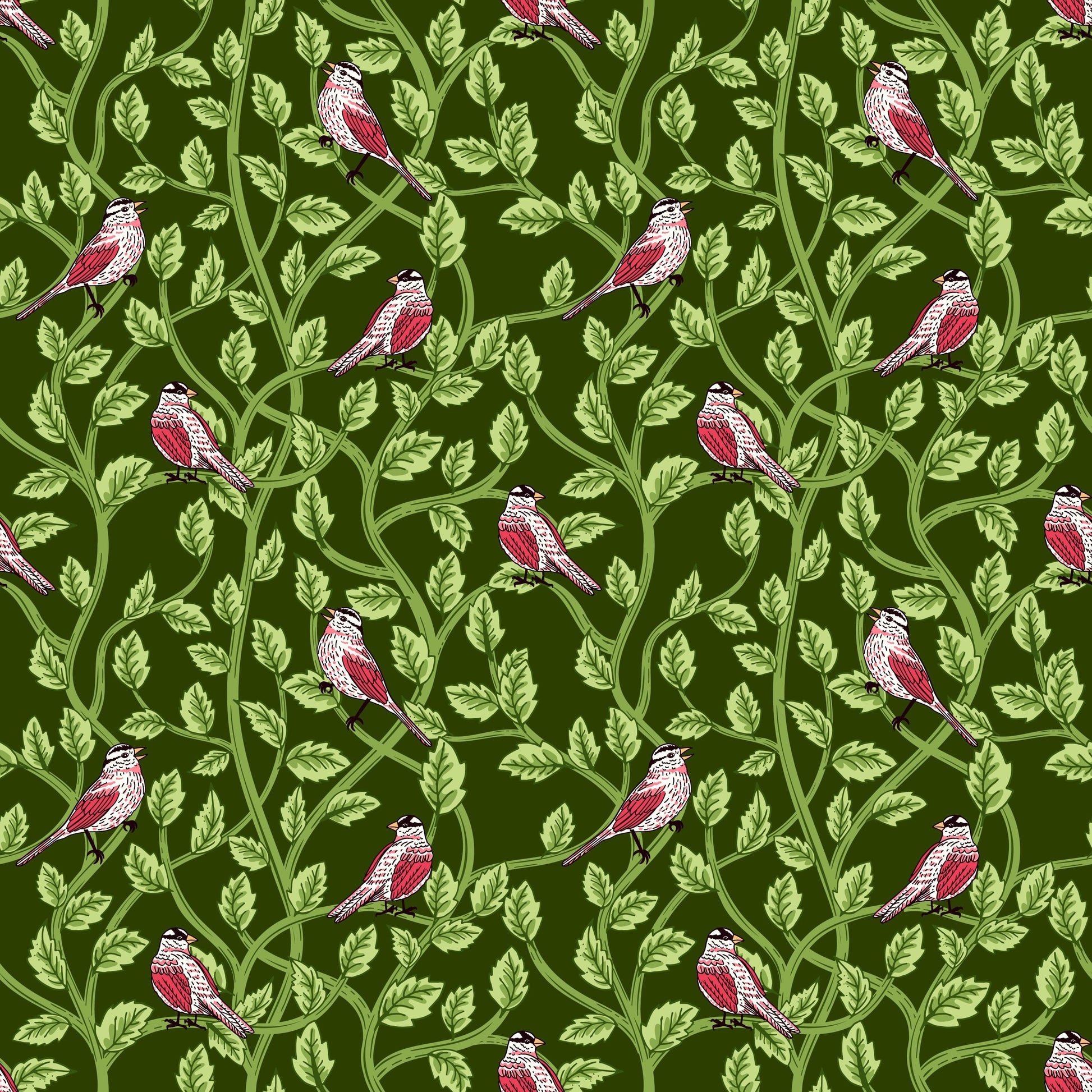 Image of Tangled Gardens Birds Hunter quilting cotton fabric by Diane Labombarbe for Riley Blake Designs. Features birds and leaves on a green background. Cute Little Fabric Shop.