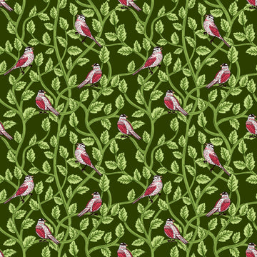 Image of Tangled Gardens Birds Hunter quilting cotton fabric by Diane Labombarbe for Riley Blake Designs. Features birds and leaves on a green background. Cute Little Fabric Shop.