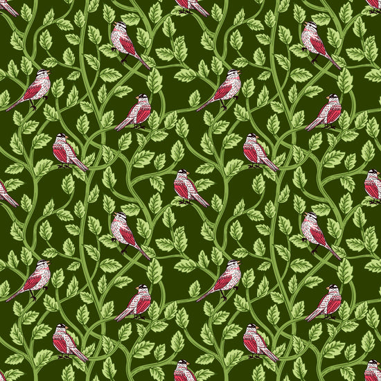 Image of Tangled Gardens Birds Hunter quilting cotton fabric by Diane Labombarbe for Riley Blake Designs. Features birds and leaves on a green background. Cute Little Fabric Shop.
