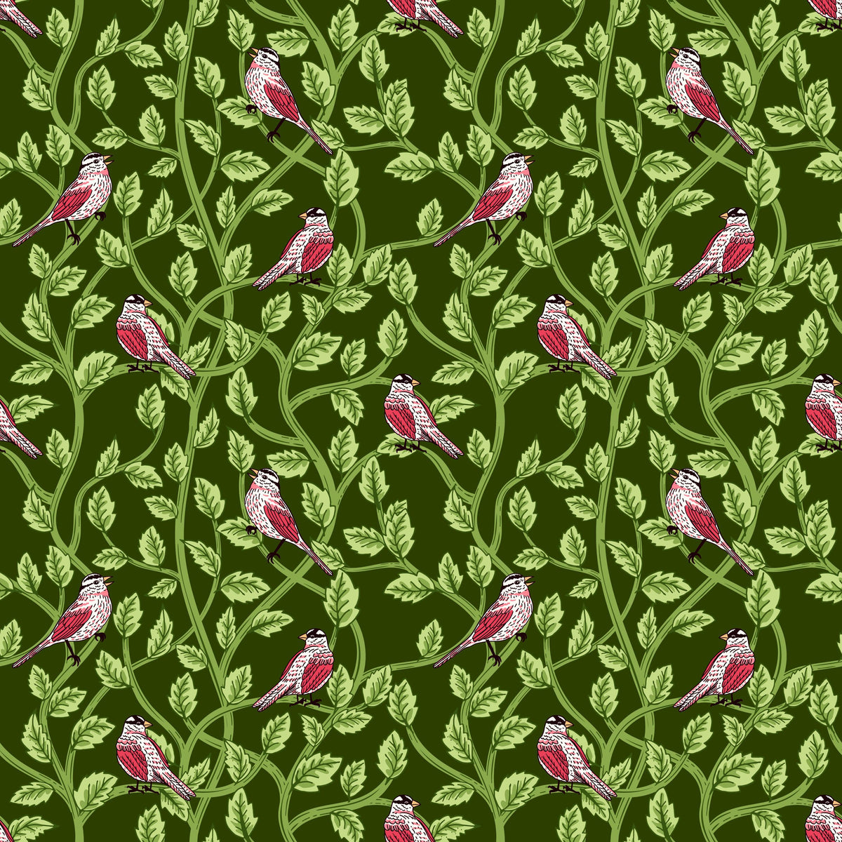 Image of Tangled Gardens Birds Hunter quilting cotton fabric by Diane Labombarbe for Riley Blake Designs. Features birds and leaves on a green background. Cute Little Fabric Shop.