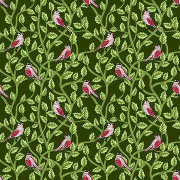 Image of Tangled Gardens Birds Hunter quilting cotton fabric by Diane Labombarbe for Riley Blake Designs. Features birds and leaves on a green background. Cute Little Fabric Shop.