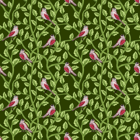 Image of Tangled Gardens Birds Hunter quilting cotton fabric by Diane Labombarbe for Riley Blake Designs. Features birds and leaves on a green background. Cute Little Fabric Shop.