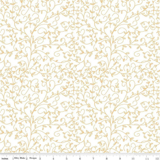 Image of Tangled Gardens Vines Cream quilting cotton fabric by Diane Labombarbe for Riley Blake Designs. Features leaves on a white background. Cute Little Fabric Shop.