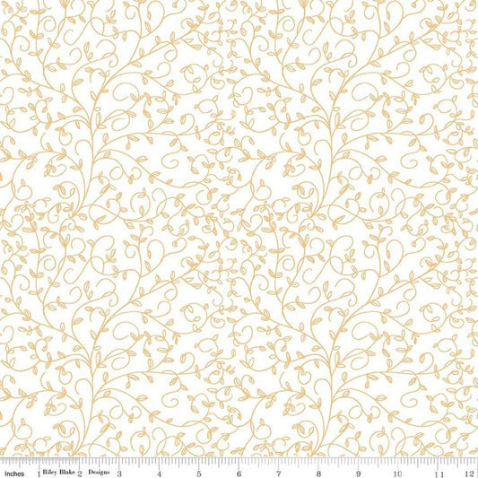 Image of Tangled Gardens Vines Cream quilting cotton fabric by Diane Labombarbe for Riley Blake Designs. Features leaves on a white background. Cute Little Fabric Shop.