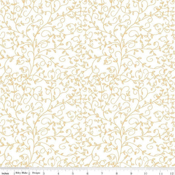 Image of Tangled Gardens Vines Cream quilting cotton fabric by Diane Labombarbe for Riley Blake Designs. Features leaves on a white background. Cute Little Fabric Shop.