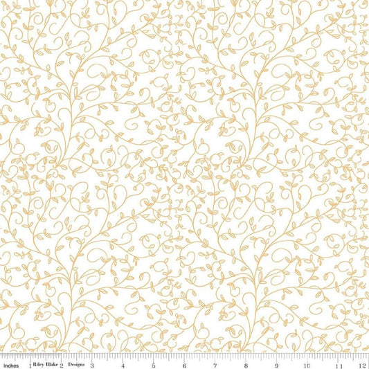 Image of Tangled Gardens Vines Cream quilting cotton fabric by Diane Labombarbe for Riley Blake Designs. Features leaves on a white background. Cute Little Fabric Shop.