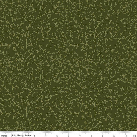 Image of Tangled Gardens Vines Hunter quilting cotton fabric by Diane Labombarbe for Riley Blake Designs. Features leaves on a green background. Cute Little Fabric Shop.