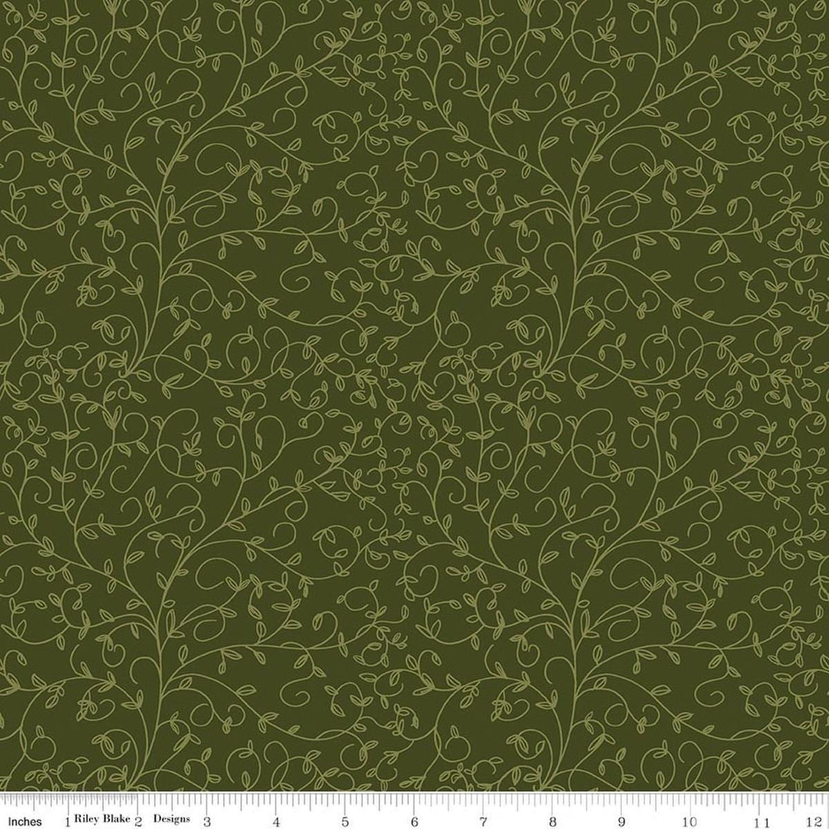Image of Tangled Gardens Vines Hunter quilting cotton fabric by Diane Labombarbe for Riley Blake Designs. Features leaves on a green background. Cute Little Fabric Shop.