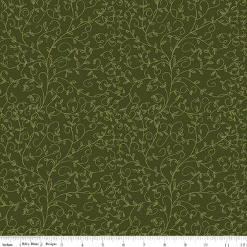 Image of Tangled Gardens Vines Hunter quilting cotton fabric by Diane Labombarbe for Riley Blake Designs. Features leaves on a green background. Cute Little Fabric Shop.