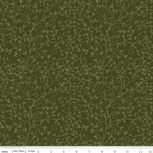 Image of Tangled Gardens Vines Hunter quilting cotton fabric by Diane Labombarbe for Riley Blake Designs. Features leaves on a green background. Cute Little Fabric Shop.
