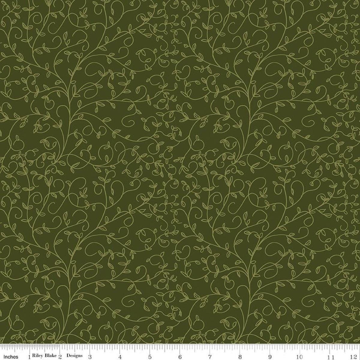 Image of Tangled Gardens Vines Hunter quilting cotton fabric by Diane Labombarbe for Riley Blake Designs. Features leaves on a green background. Cute Little Fabric Shop.