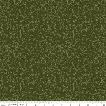 Image of Tangled Gardens Vines Hunter quilting cotton fabric by Diane Labombarbe for Riley Blake Designs. Features leaves on a green background. Cute Little Fabric Shop.
