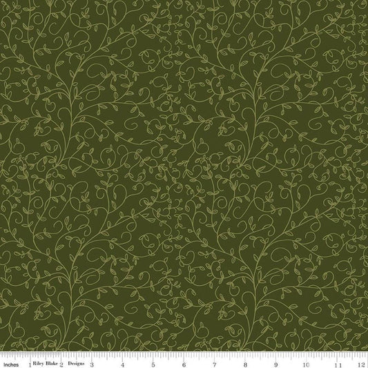 Image of Tangled Gardens Vines Hunter quilting cotton fabric by Diane Labombarbe for Riley Blake Designs. Features leaves on a green background. Cute Little Fabric Shop.
