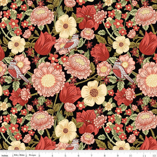 Image of Tangled Gardens Main Black quilting cotton fabric by Diane Labombarbe for Riley Blake Designs. Features flowers on a black background. Cute Little Fabric Shop.