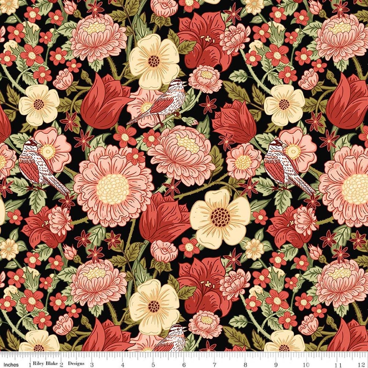 Image of Tangled Gardens Main Black quilting cotton fabric by Diane Labombarbe for Riley Blake Designs. Features flowers on a black background. Cute Little Fabric Shop.