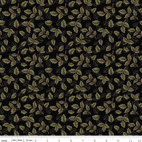 Image of Tangled Gardens Leaves Black quilting cotton fabric by Diane Labombarbe for Riley Blake Designs. Features leaves on a black background. Cute Little Fabric Shop.
