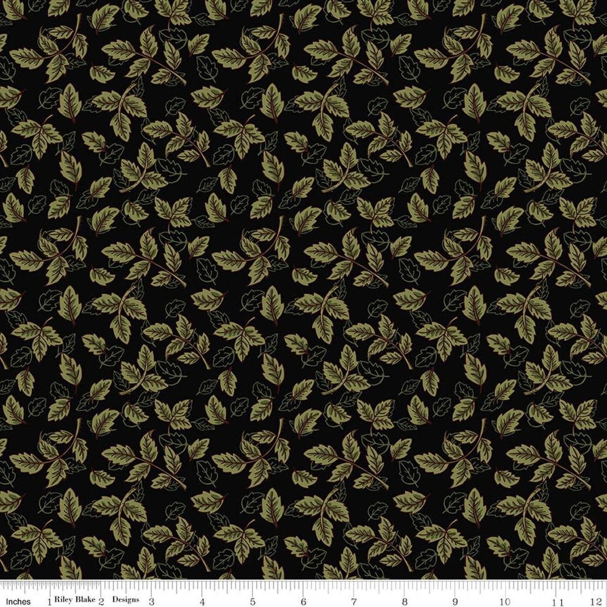 Image of Tangled Gardens Leaves Black quilting cotton fabric by Diane Labombarbe for Riley Blake Designs. Features leaves on a black background. Cute Little Fabric Shop.