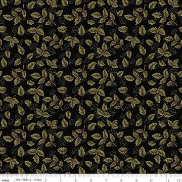 Image of Tangled Gardens Leaves Black quilting cotton fabric by Diane Labombarbe for Riley Blake Designs. Features leaves on a black background. Cute Little Fabric Shop.