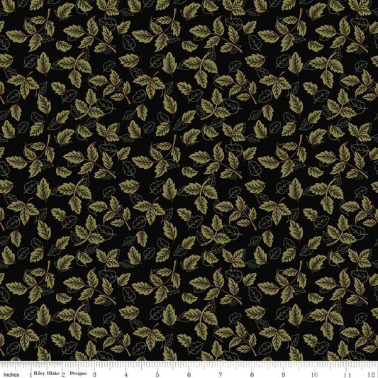 Image of Tangled Gardens Leaves Black quilting cotton fabric by Diane Labombarbe for Riley Blake Designs. Features leaves on a black background. Cute Little Fabric Shop.