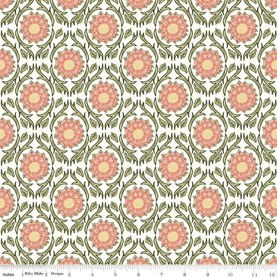 Image of Tangled Gardens Medallions Cream quilting cotton fabric by Diane Labombarbe for Riley Blake Designs. Features flowers on a white background. Cute Little Fabric Shop.