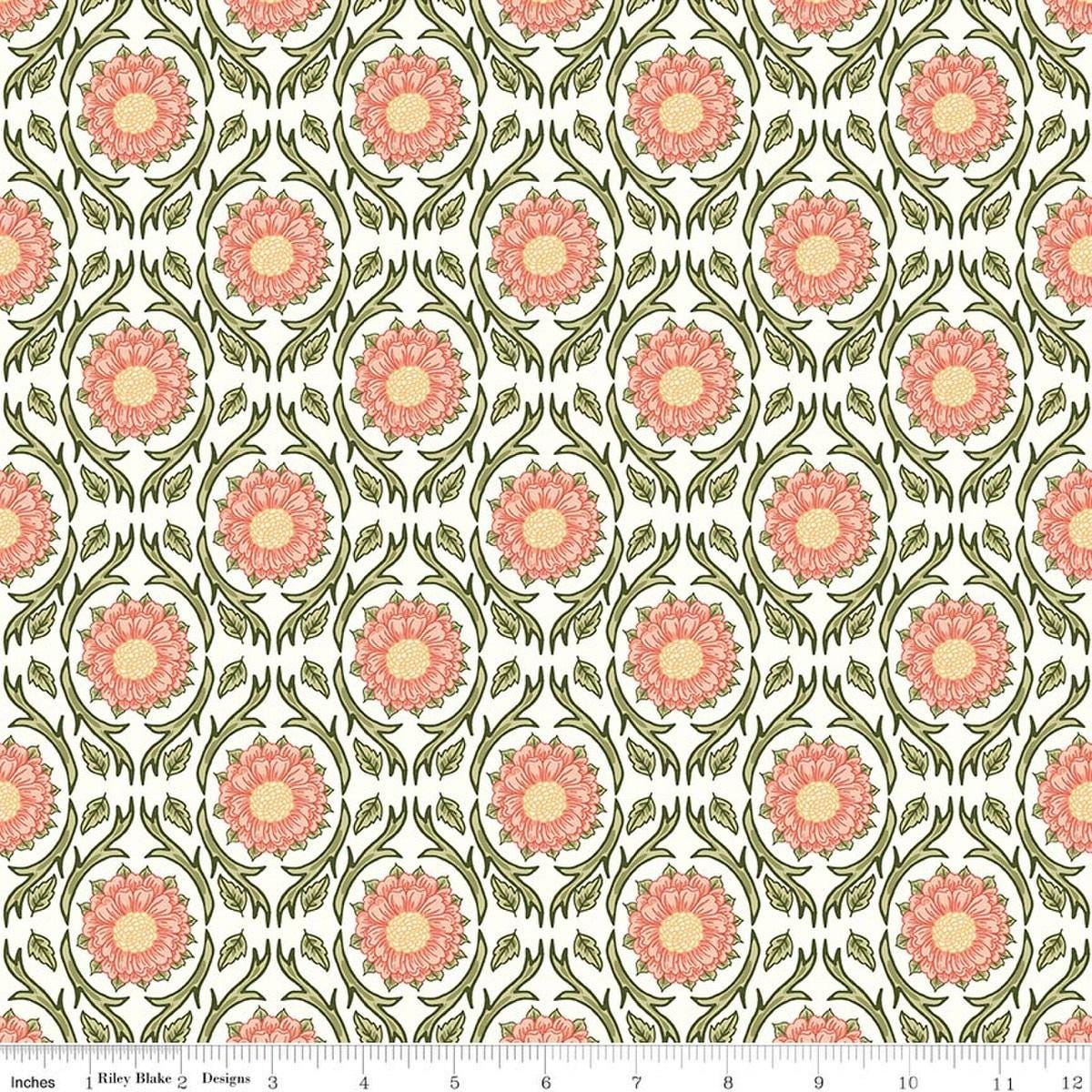 Image of Tangled Gardens Medallions Cream quilting cotton fabric by Diane Labombarbe for Riley Blake Designs. Features flowers on a white background. Cute Little Fabric Shop.