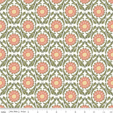 Image of Tangled Gardens Medallions Cream quilting cotton fabric by Diane Labombarbe for Riley Blake Designs. Features flowers on a white background. Cute Little Fabric Shop.
