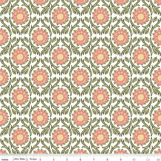 Image of Tangled Gardens Medallions Cream quilting cotton fabric by Diane Labombarbe for Riley Blake Designs. Features flowers on a white background. Cute Little Fabric Shop.