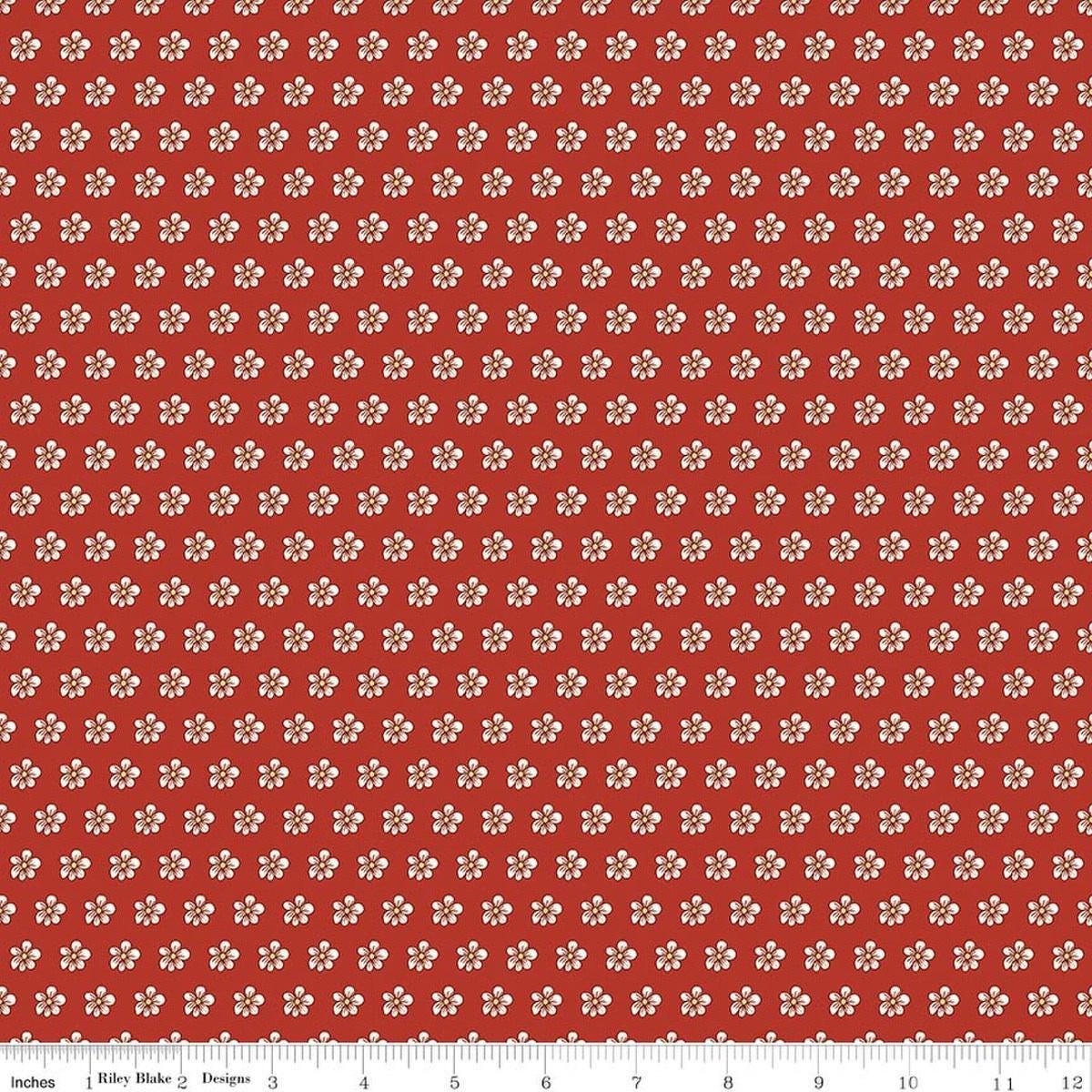 Image of Tangled Gardens Flowers Red quilting cotton fabric by Diane Labombarbe for Riley Blake Designs. Features flowers on a red background. Cute Little Fabric Shop.