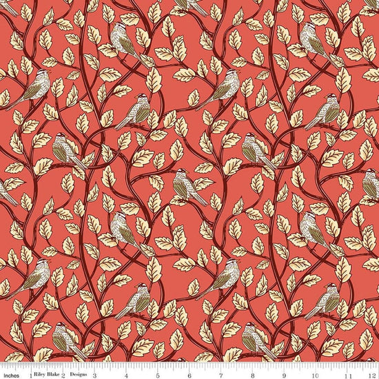 Image of Tangled Gardens Birds Sunset quilting cotton fabric by Diane Labombarbe for Riley Blake Designs. Features birds and leaves on an orange background. Cute Little Fabric Shop.