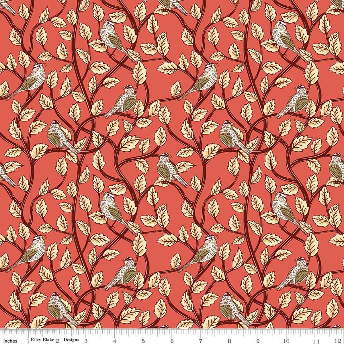 Image of Tangled Gardens Birds Sunset quilting cotton fabric by Diane Labombarbe for Riley Blake Designs. Features birds and leaves on an orange background. Cute Little Fabric Shop.