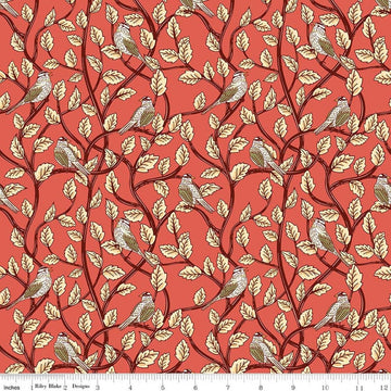 Image of Tangled Gardens Birds Sunset quilting cotton fabric by Diane Labombarbe for Riley Blake Designs. Features birds and leaves on an orange background. Cute Little Fabric Shop.