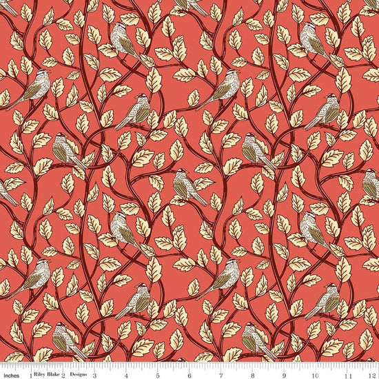 Image of Tangled Gardens Birds Sunset quilting cotton fabric by Diane Labombarbe for Riley Blake Designs. Features birds and leaves on an orange background. Cute Little Fabric Shop.