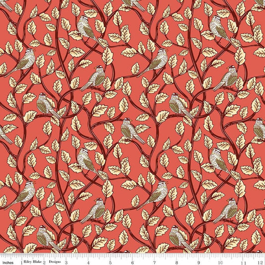 Image of Tangled Gardens Birds Sunset quilting cotton fabric by Diane Labombarbe for Riley Blake Designs. Features birds and leaves on an orange background. Cute Little Fabric Shop.