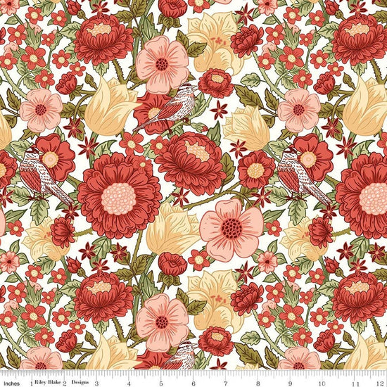 Image of Tangled Gardens Main Cream quilting cotton fabric by Diane Labombarbe for Riley Blake Designs. Features flowers on a white background. Cute Little Fabric Shop.