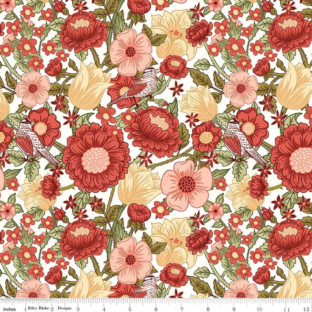 Image of Tangled Gardens Main Cream quilting cotton fabric by Diane Labombarbe for Riley Blake Designs. Features flowers on a white background. Cute Little Fabric Shop.