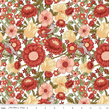 Image of Tangled Gardens Main Cream quilting cotton fabric by Diane Labombarbe for Riley Blake Designs. Features flowers on a white background. Cute Little Fabric Shop.