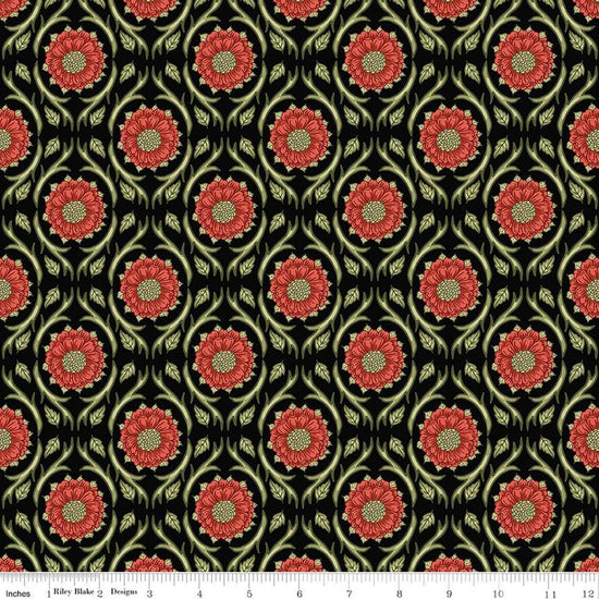 Image of Tangled Gardens Medallions Black quilting cotton fabric by Diane Labombarbe for Riley Blake Designs. Features flowers on a black background. Cute Little Fabric Shop.