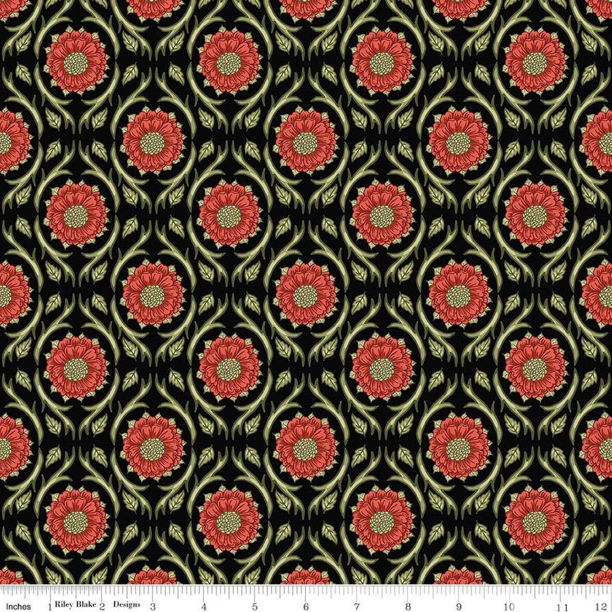Image of Tangled Gardens Medallions Black quilting cotton fabric by Diane Labombarbe for Riley Blake Designs. Features flowers on a black background. Cute Little Fabric Shop.