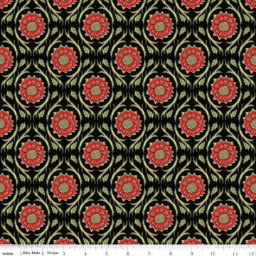 Image of Tangled Gardens Medallions Black quilting cotton fabric by Diane Labombarbe for Riley Blake Designs. Features flowers on a black background. Cute Little Fabric Shop.