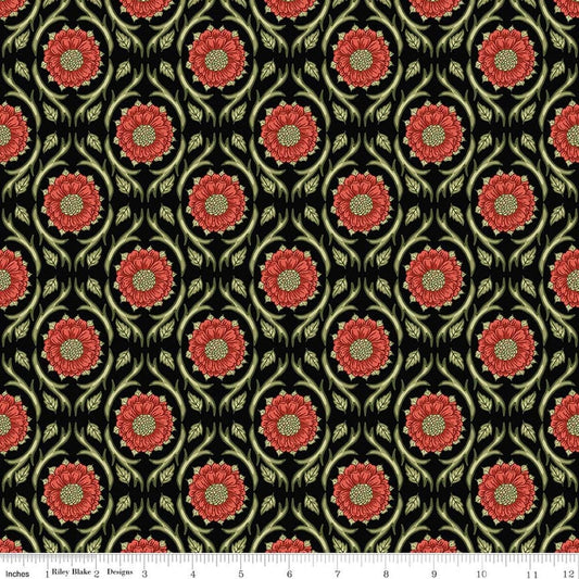 Image of Tangled Gardens Medallions Black quilting cotton fabric by Diane Labombarbe for Riley Blake Designs. Features flowers on a black background. Cute Little Fabric Shop.