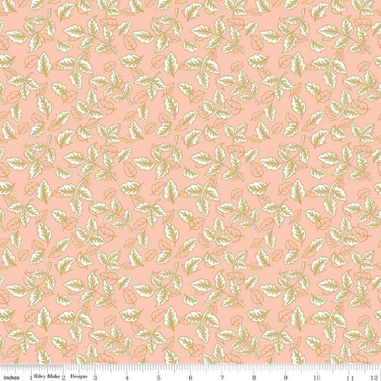 Image of Tangled Gardens Leaves Blush quilting cotton fabric by Diane Labombarbe for Riley Blake Designs. Features leaves on a pink background. Cute Little Fabric Shop.