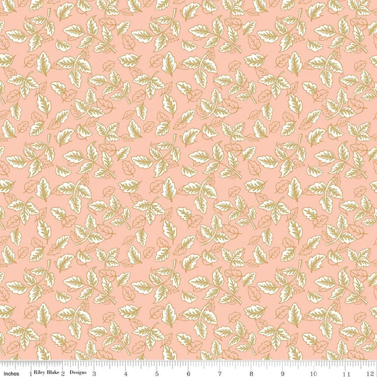 Image of Tangled Gardens Leaves Blush quilting cotton fabric by Diane Labombarbe for Riley Blake Designs. Features leaves on a pink background. Cute Little Fabric Shop.