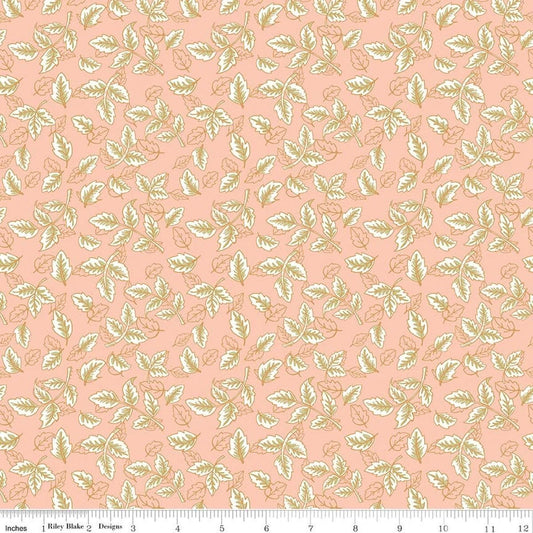 Image of Tangled Gardens Leaves Blush quilting cotton fabric by Diane Labombarbe for Riley Blake Designs. Features leaves on a pink background. Cute Little Fabric Shop.