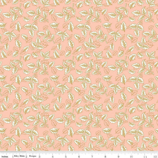 Image of Tangled Gardens Leaves Blush quilting cotton fabric by Diane Labombarbe for Riley Blake Designs. Features leaves on a pink background. Cute Little Fabric Shop.