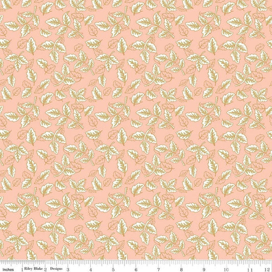 Image of Tangled Gardens Leaves Blush quilting cotton fabric by Diane Labombarbe for Riley Blake Designs. Features leaves on a pink background. Cute Little Fabric Shop.