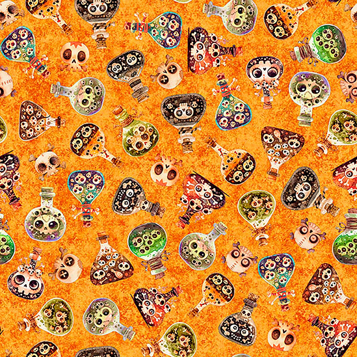Image of A Haunting We Will Go Potions Orange quilting cotton fabric by Morris Creative Group for QT Fabrics. Features potions and skulls on an orange background. Cute Little Fabric Shop.