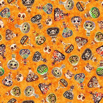 Image of A Haunting We Will Go Potions Orange quilting cotton fabric by Morris Creative Group for QT Fabrics. Features potions and skulls on an orange background. Cute Little Fabric Shop.