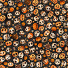 Image of A Haunting We Will Go Skulls & Pumpkin Toss Charcoal quilting cotton fabric by Morris Creative Group for QT Fabrics. Features pumpkins and skulls on a black background. Cute Little Fabric Shop.